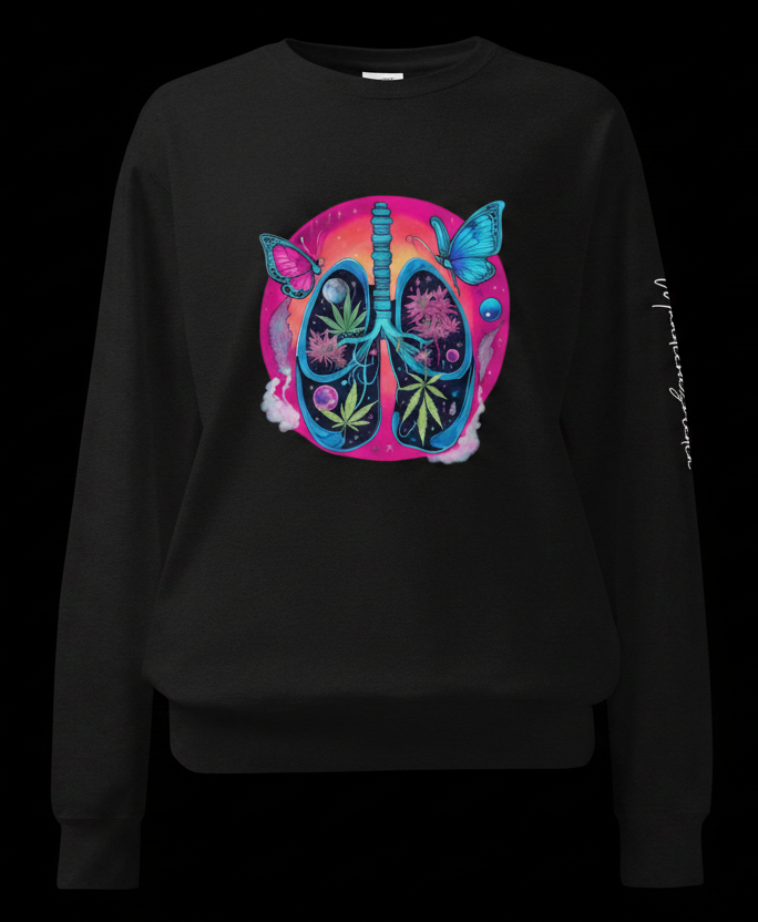 Front view of the Pepper black Butterfly Lungs unisex sweatshirt with colorful botanical and celestial lungs artwork.