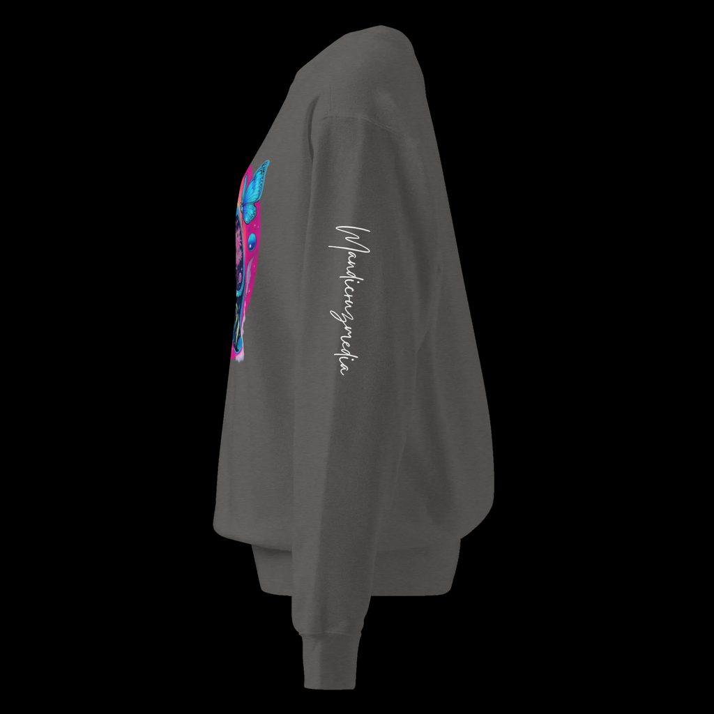 Left-side view of the Pepper Butterfly Lungs sweatshirt featuring the white Mandi Cruz Media sleeve signature.
