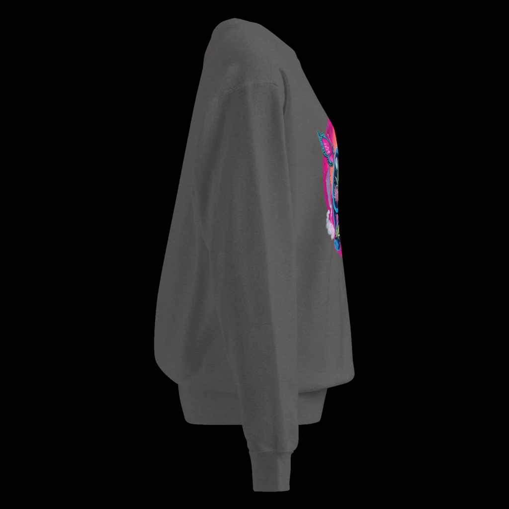 Right-side view of the Pepper Butterfly Lungs unisex sweatshirt showing the relaxed silhouette and chest graphic edge.