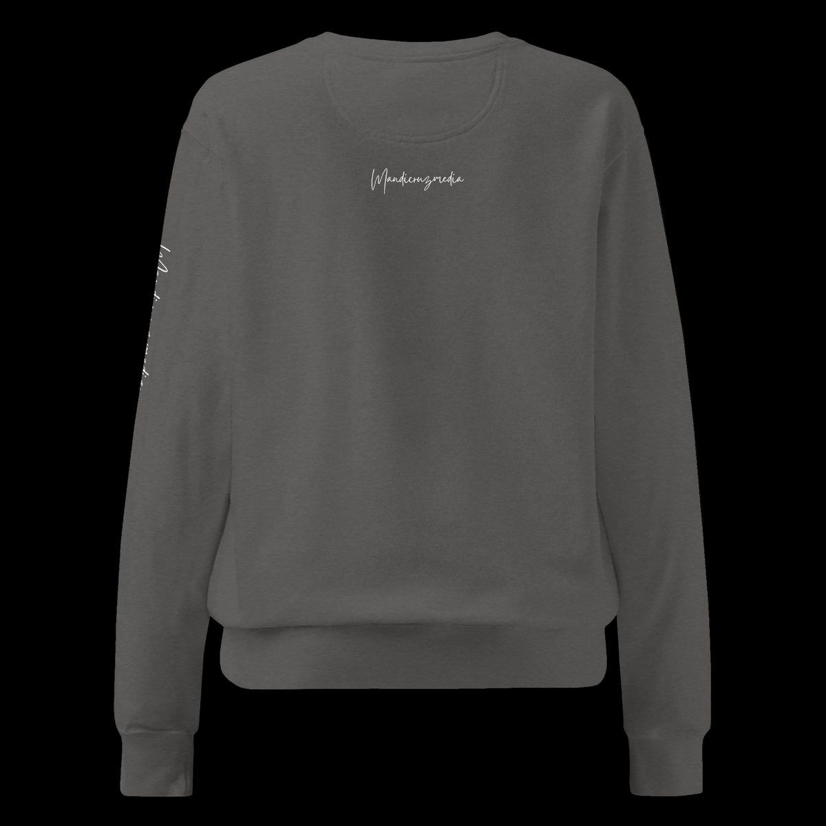 Back view of the Pepper Butterfly Lungs unisex sweatshirt featuring the small white Mandi Cruz Media signature below the neckline