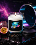 Peppered Passionfruit soy candle displayed with sliced passionfruit and scattered black peppercorns.