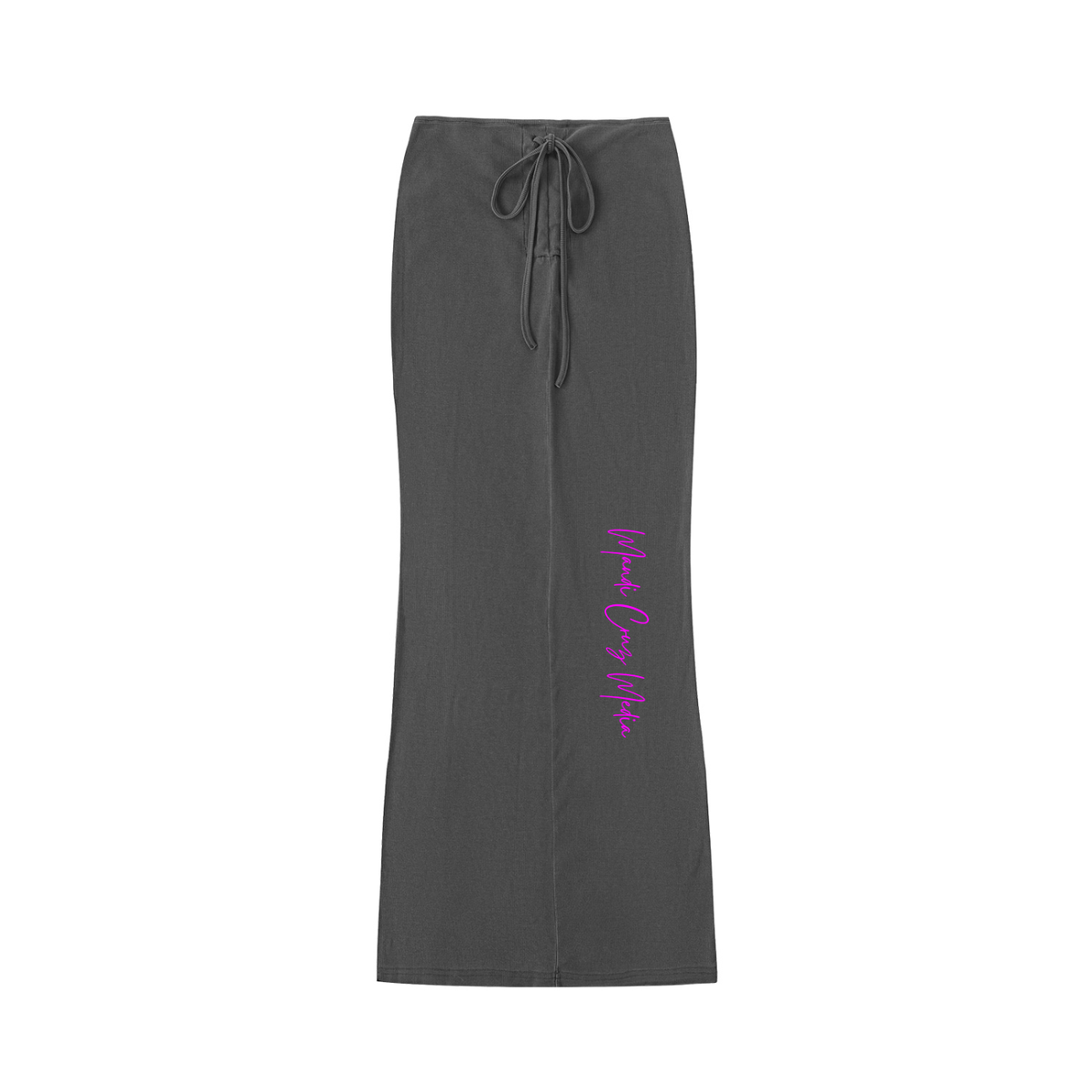 Front product view of the dark-gray Pink Leaf Vintage Wash Drawstring Maxi Skirt with a drawstring waist and vertical hot-pink Mandi Cruz Media script.