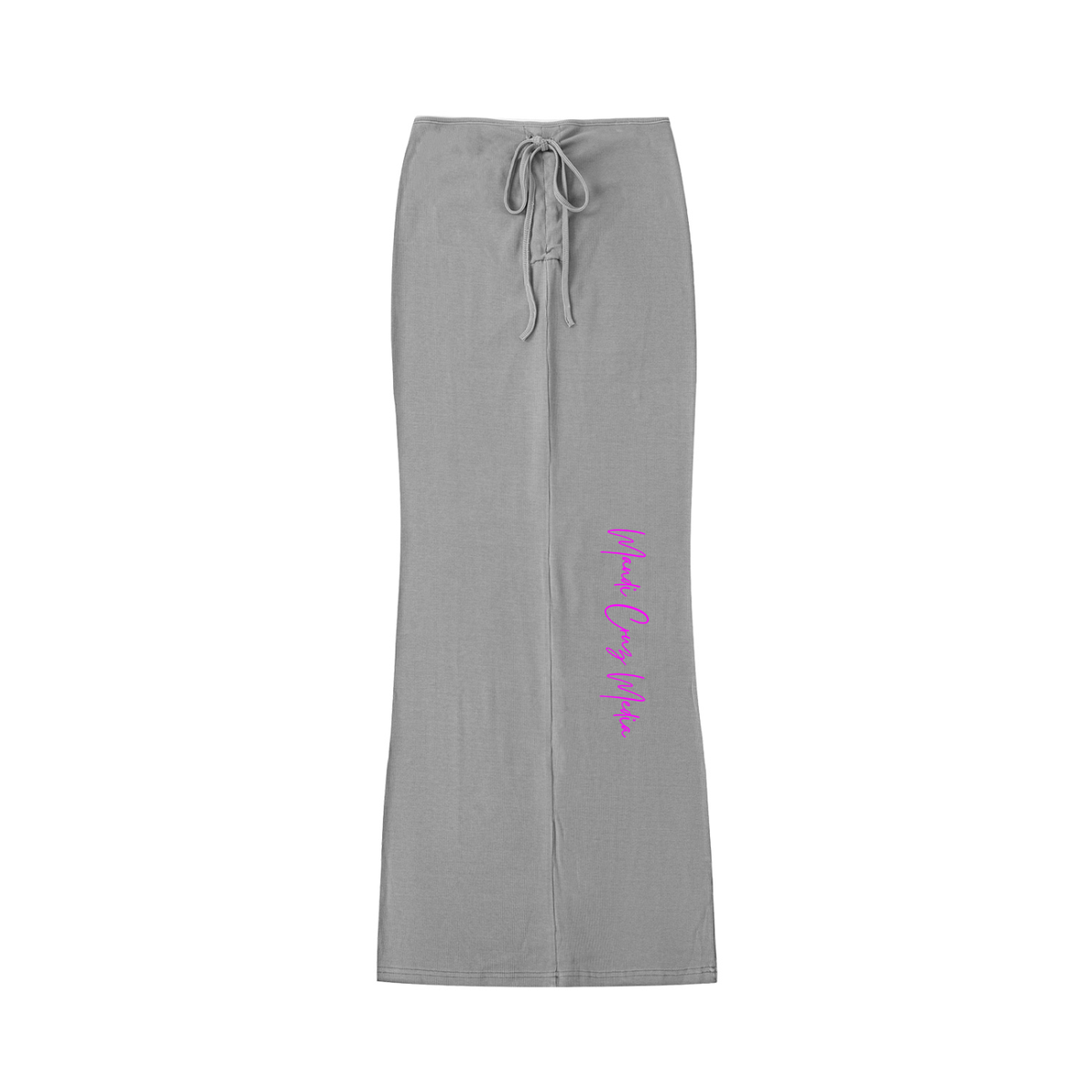 Front product view of the medium-gray Pink Leaf vintage-wash drawstring maxi skirt with vertical hot-pink Mandi Cruz Media script.