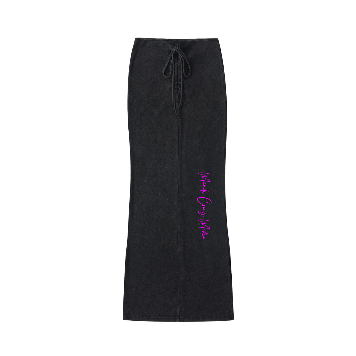 Front product view of the washed-black Pink Leaf Vintage Wash Drawstring Maxi Skirt with a drawstring waist and vertical hot-pink Mandi Cruz Media script.
