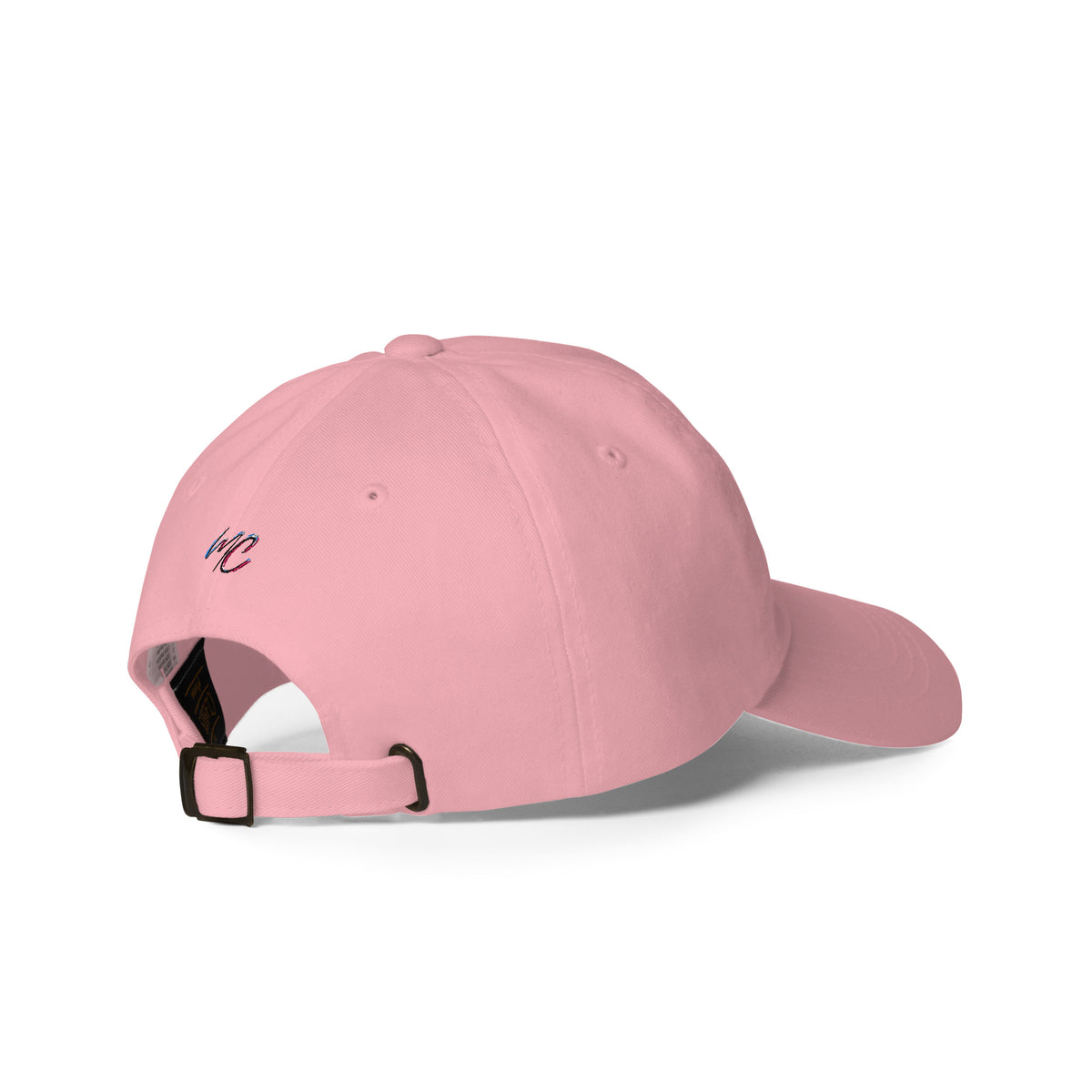 Right-rear view of the soft pink CBC Makes Me Happy dad hat featuring an adjustable strap and antique metal buckle.