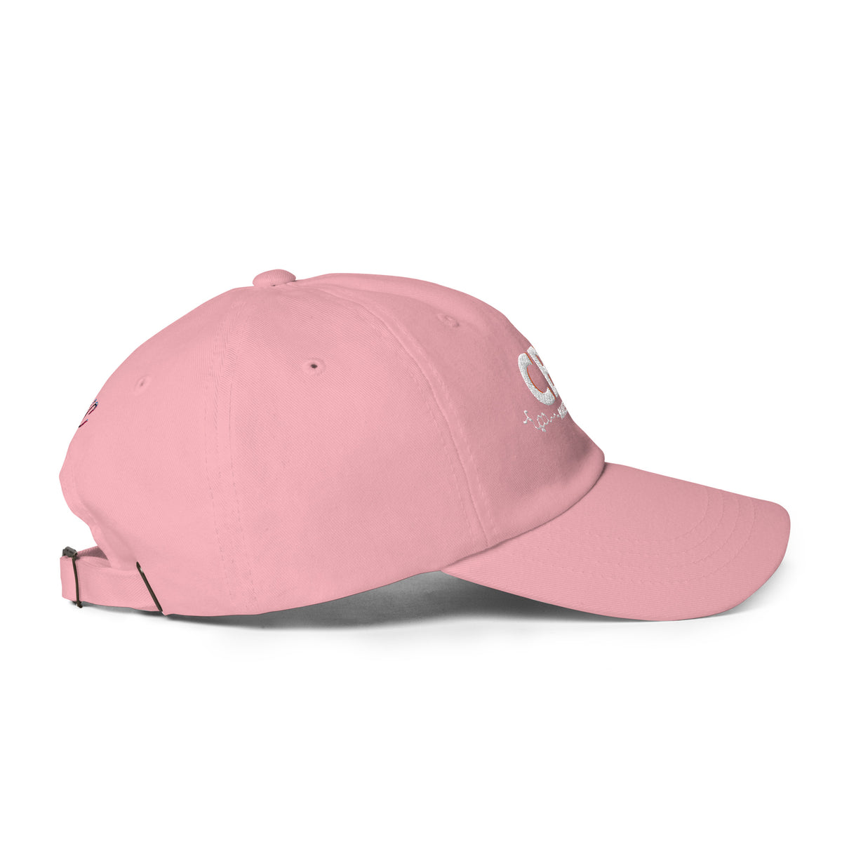 Right-side view of the soft pink CBC Makes Me Happy dad hat showing its curved visor and lightweight cotton-twill construction.
