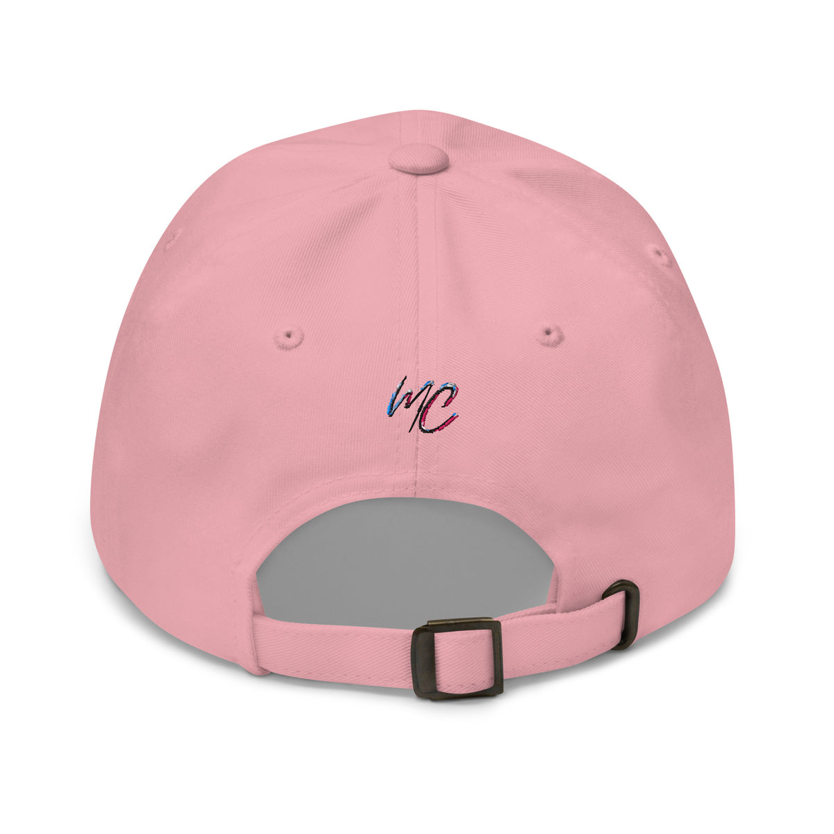 Back view of the pink dad hat showing the small MCM embroidery and matching adjustable strap.