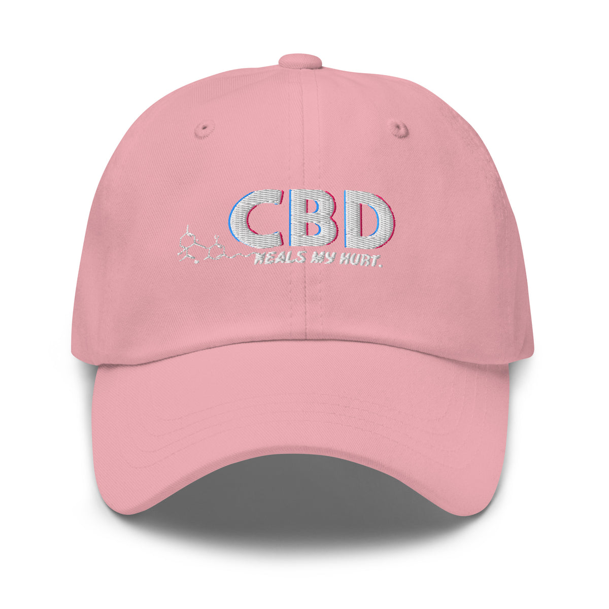 Straight-on front view of the pink CBD Heals My Hurt dad hat with multicolor embroidered lettering and a curved brim.
