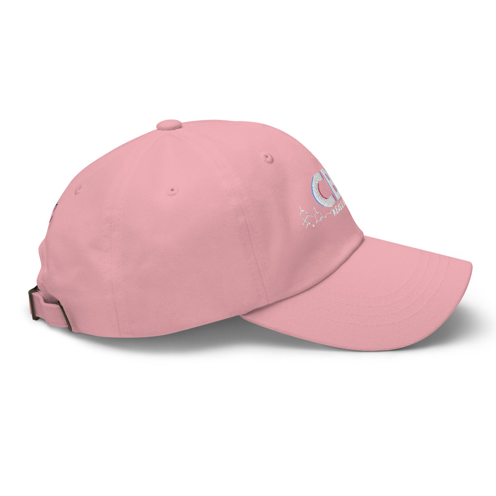 Right-facing side view of the pink CBD Heals My Hurt dad hat showing the embroidered front panel and curved visor.