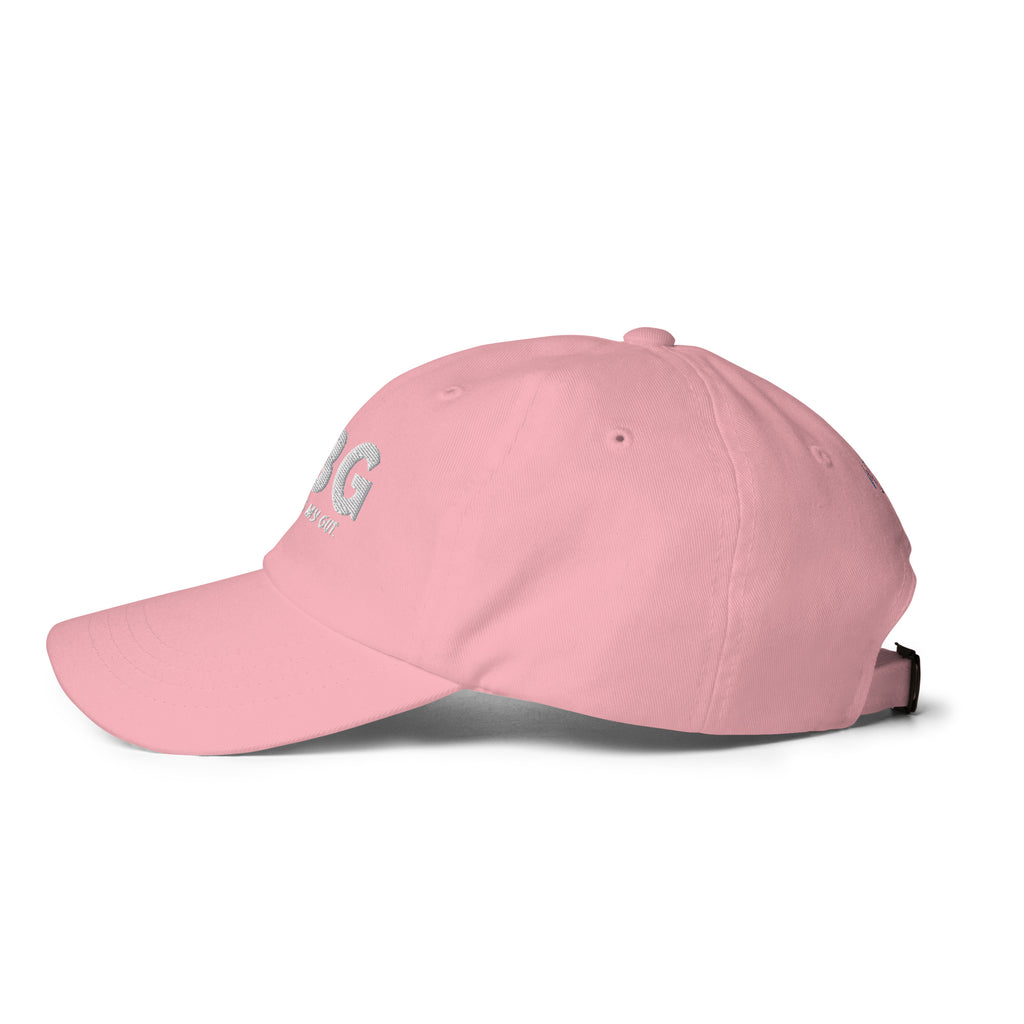 Left-side view of the soft pink CBG Heals My Gut dad hat showing its curved brim, embroidered eyelets and low-profile crown.