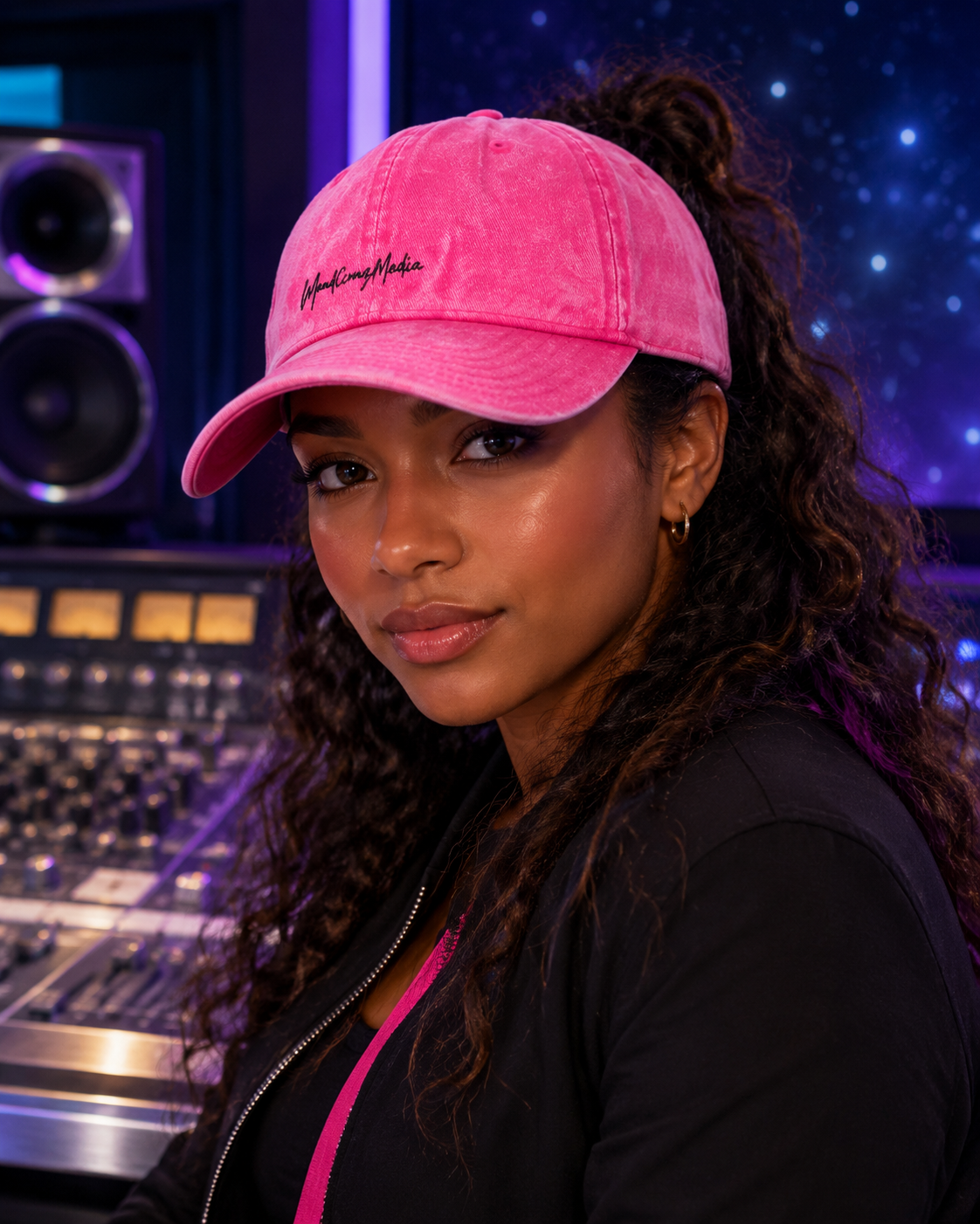 Woman wearing the pink acid-wash Mandi Cruz Media cap in a premium violet and cyan creative studio.