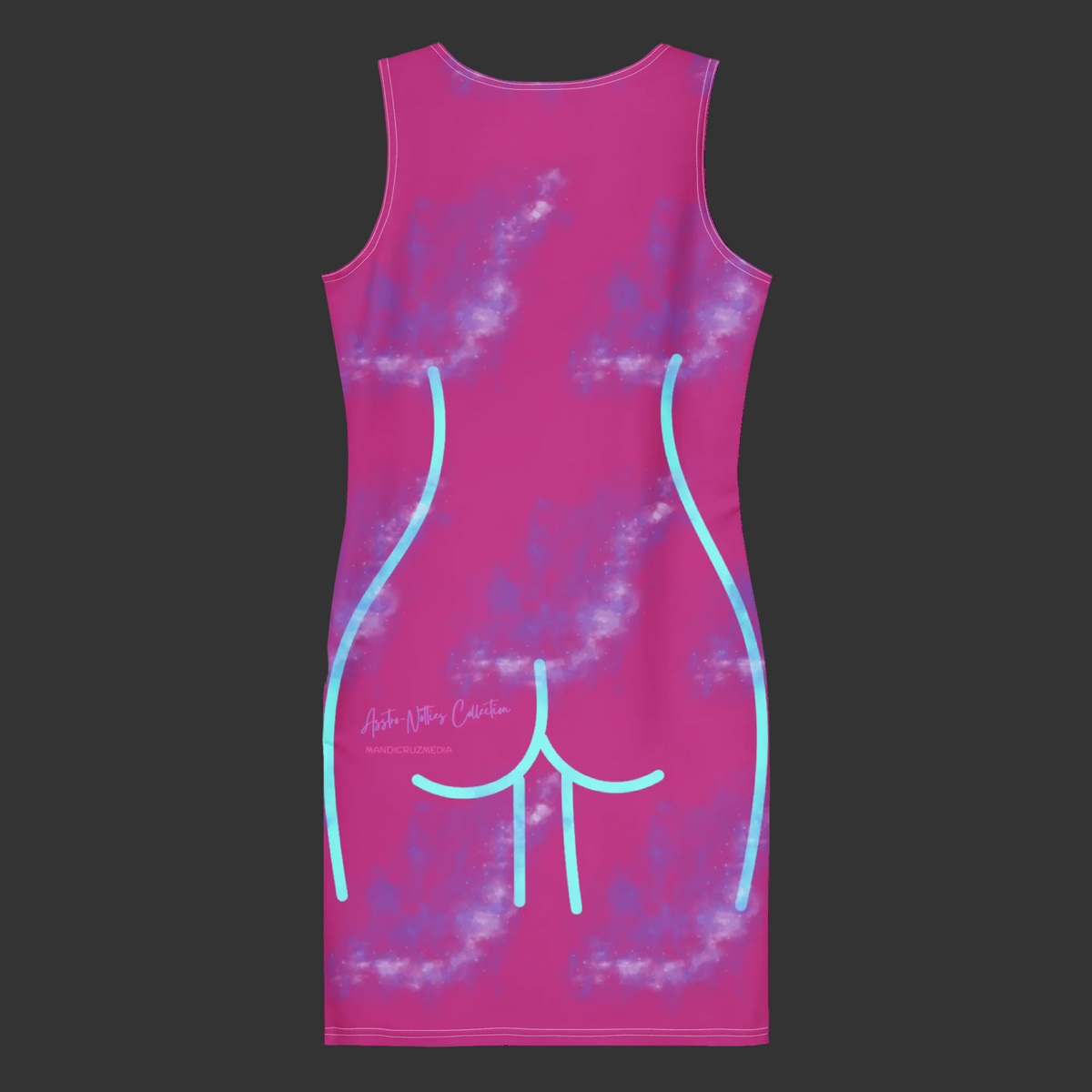 Back product view of the pink galaxy bodycon dress with cyan linework and Mandi Cruz Media branding.