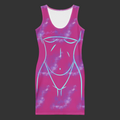 Front product view of the pink galaxy bodycon dress featuring cyan neon silhouette artwork by Mandi Cruz Media.