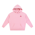 Front product view of pink Science Meets Stardust oversized hoodie with kangaroo pocket and small Mandi Cruz Media chest artwork.