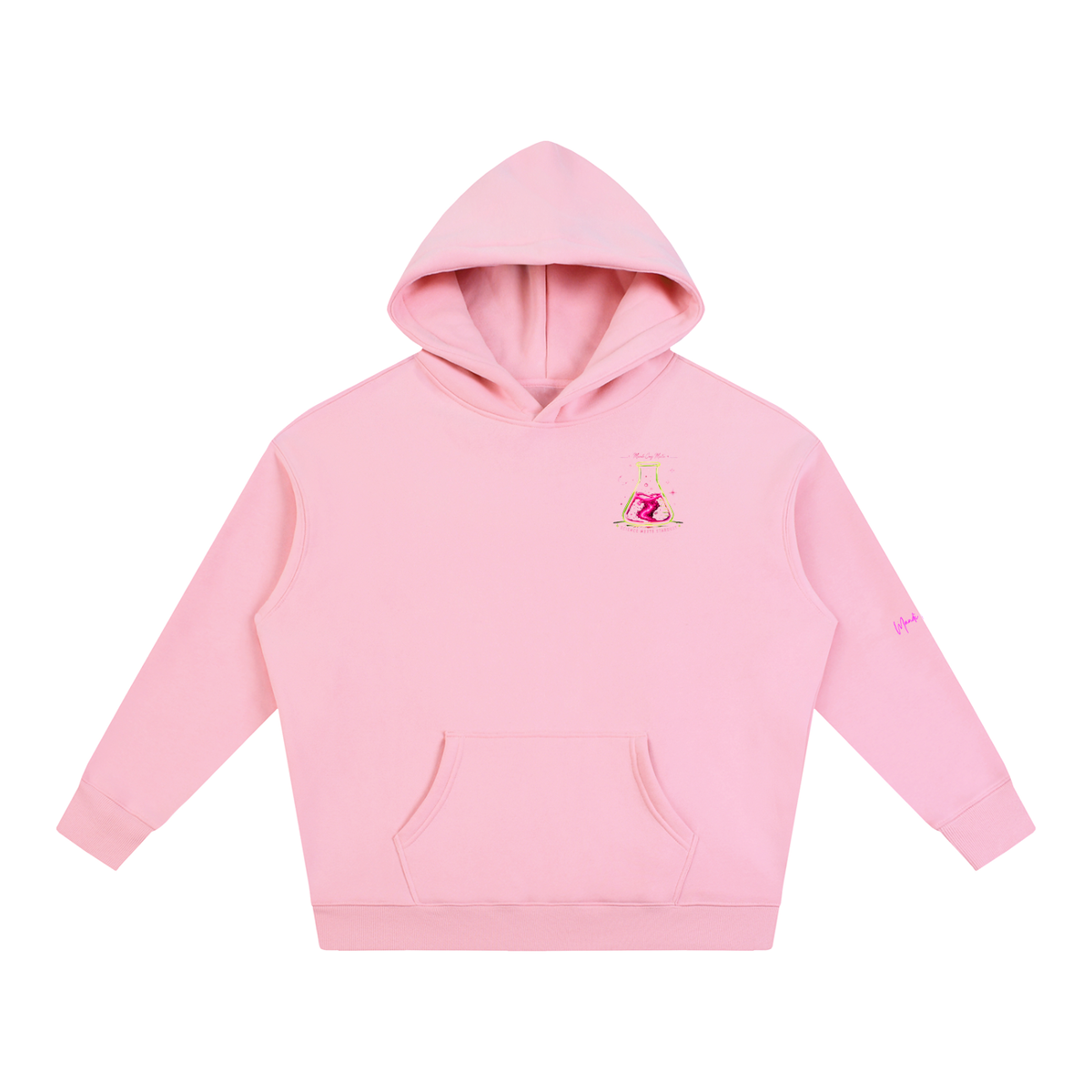 Front product view of pink Science Meets Stardust oversized hoodie with kangaroo pocket and small Mandi Cruz Media chest artwork.