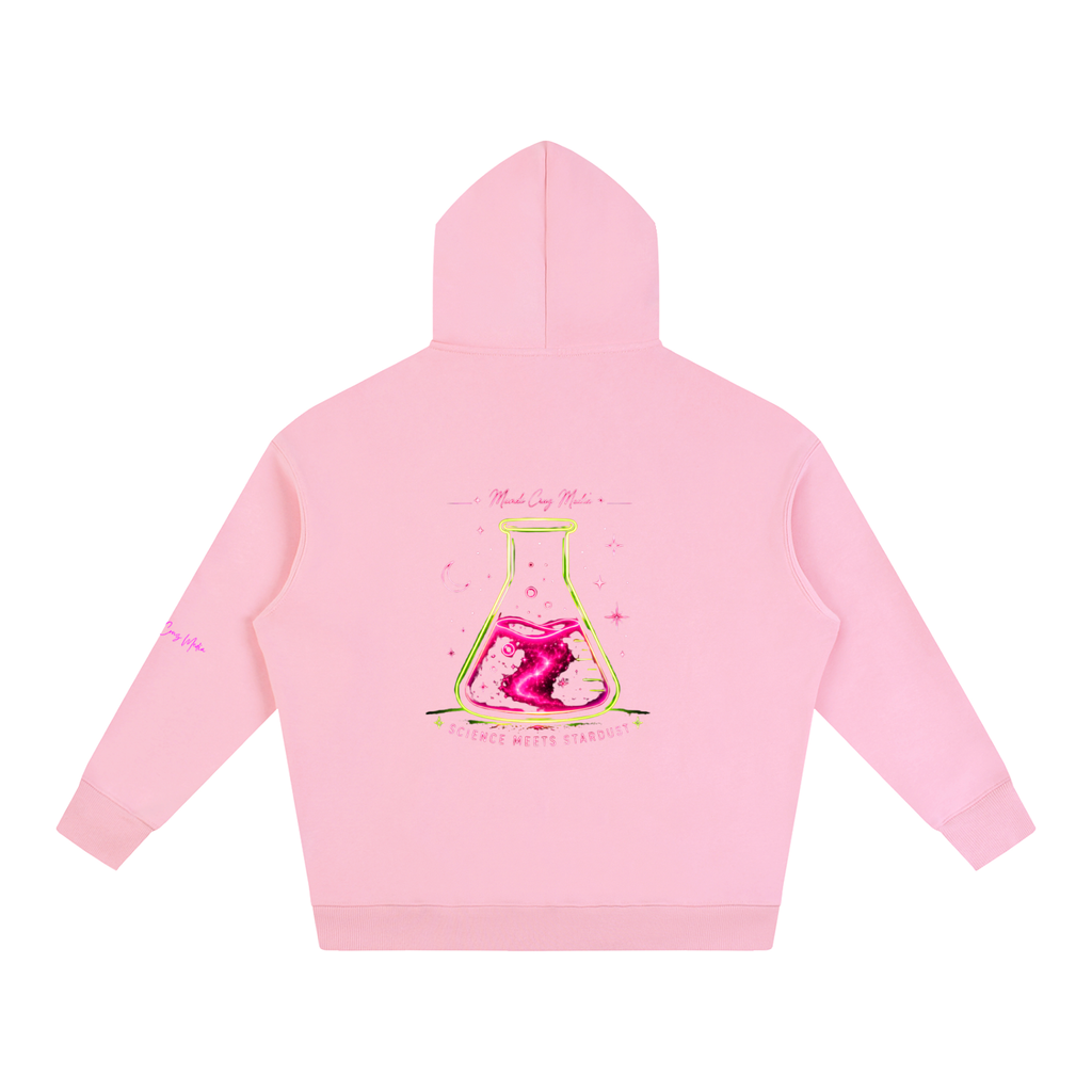 Back product view of pink Mandi Cruz Media oversized fleece hoodie featuring vibrant cosmic laboratory flask artwork.