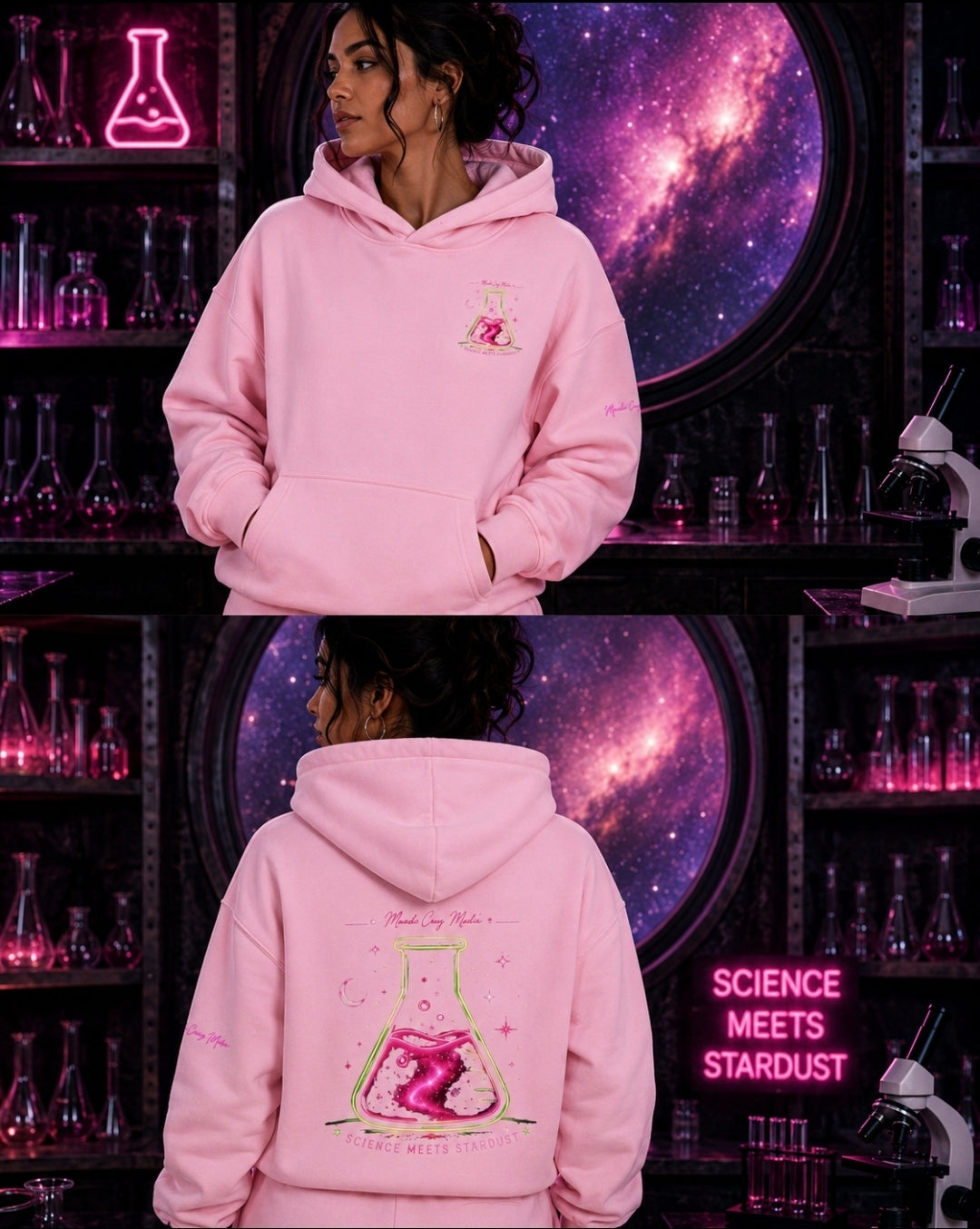 Pink oversized fleece hoodie shown on a model from the front and back against a cosmic Mandi Cruz Media