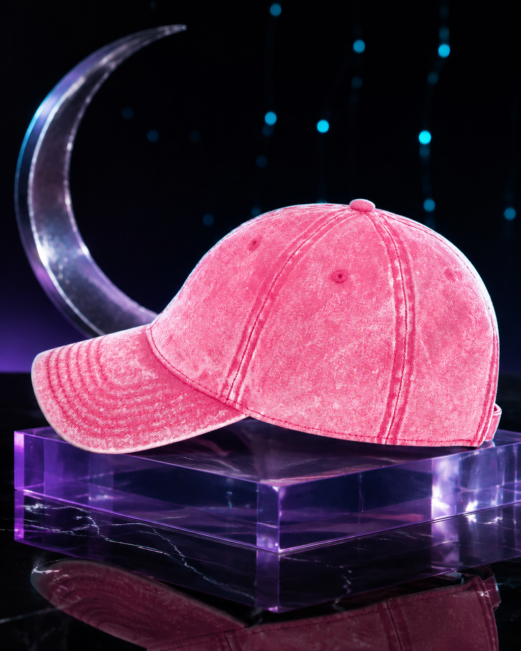 Blank side profile of the pink vintage cotton twill cap styled with a silver crescent and celestial lighting.