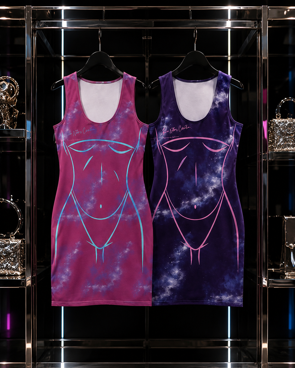 Pink and purple neon silhouette bodycon dresses hanging side by side in a luxurious illuminated wardrobe display.