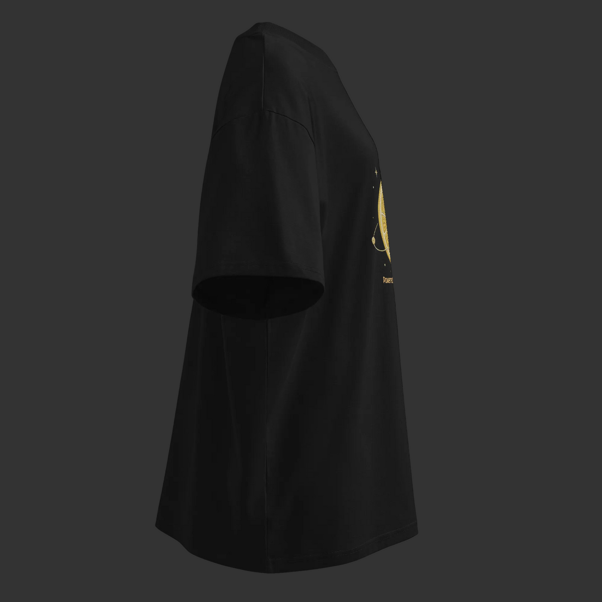 Right-side product view of the black oversized organic tee showing its dropped shoulder and partial gold citrus
