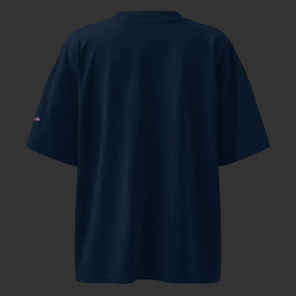 Back product view of the French-navy Powered by Limonene oversized organic tee with a pink Mandi Cruz Media sleeve signature.
