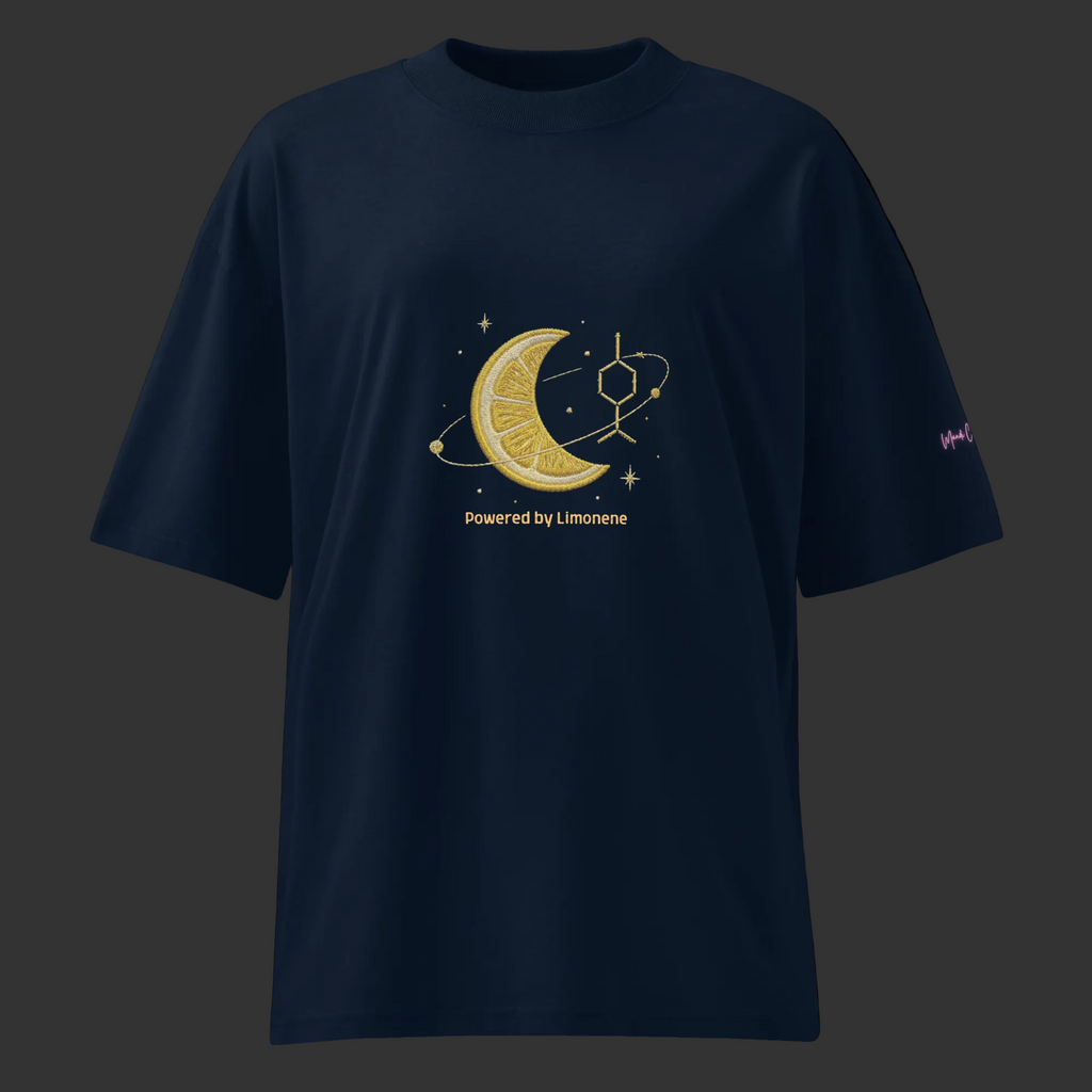 Front product view of the French-navy Powered by Limonene oversized organic tee with a gold citrus moon and limonene molecule graphic.