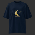 Front product view of the French-navy Powered by Limonene oversized organic tee with a gold citrus moon and limonene molecule graphic.