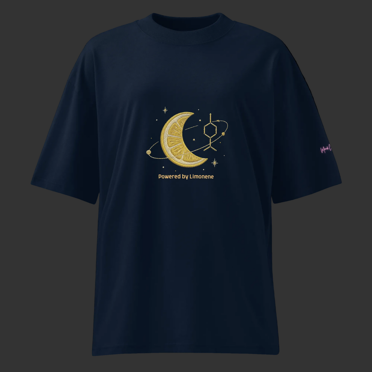 Front product view of the French-navy Powered by Limonene oversized organic tee with a gold citrus moon and limonene molecule graphic.