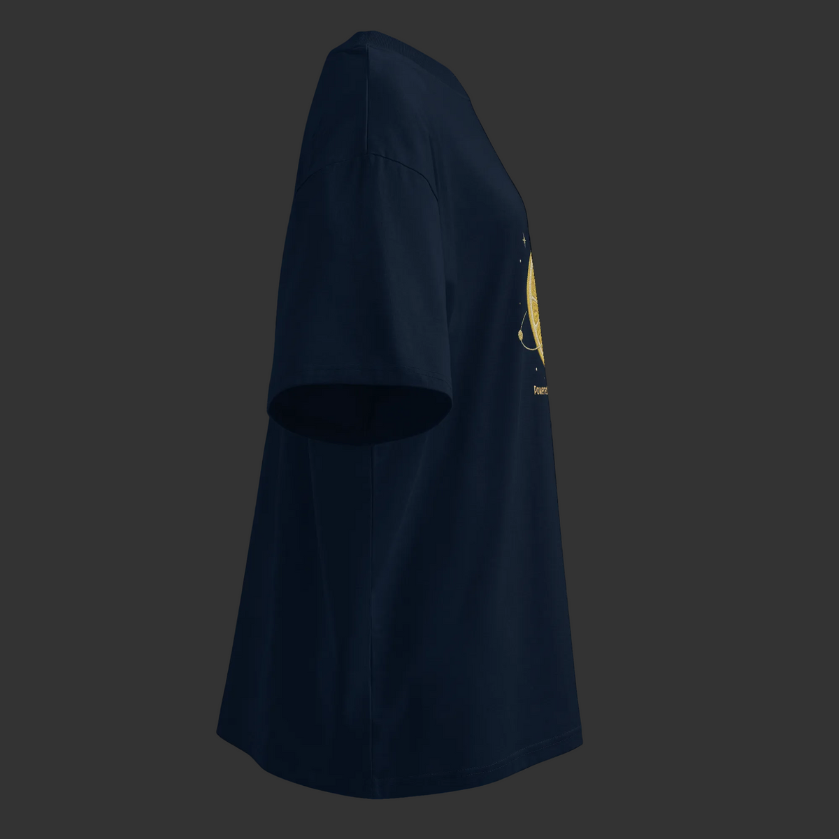 Right-side product view of the French-navy oversized organic tee showing its high neck, dropped shoulder and partial gold front design