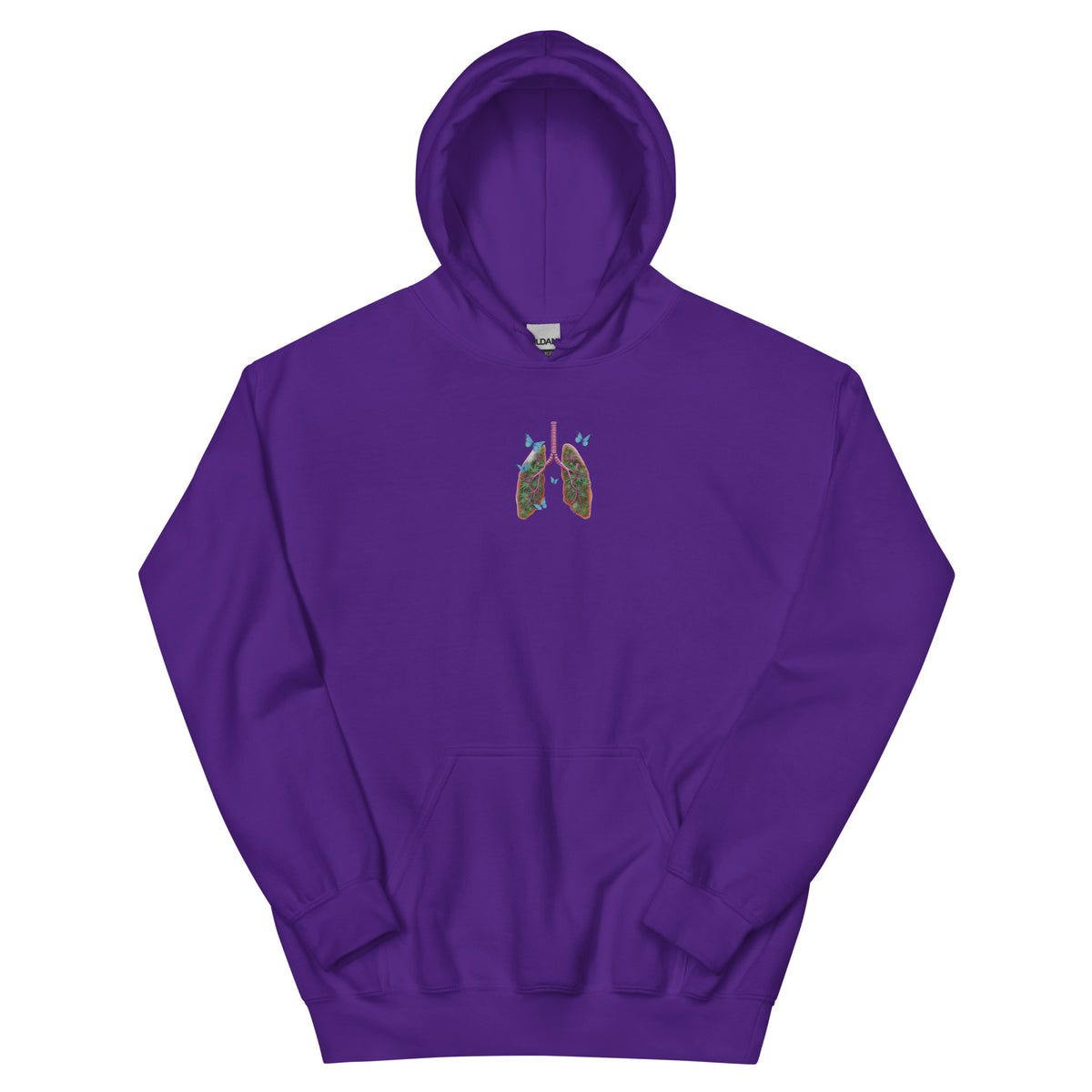 Front product view of the purple unisex hoodie with a colorful anatomical lungs-and-butterflies chest graphic and kangaroo pocket.