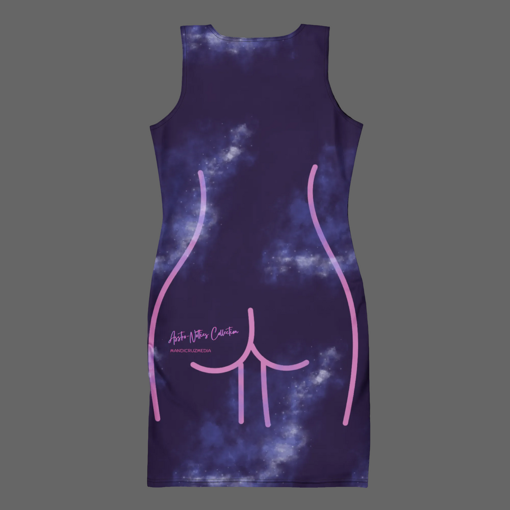 Back product view of the purple galaxy bodycon dress featuring hot-pink silhouette lines and Mandi Cruz Media branding.
