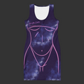 Front product view of a purple galaxy bodycon dress featuring hot-pink neon feminine silhouette artwork by Mandi Cruz Media.