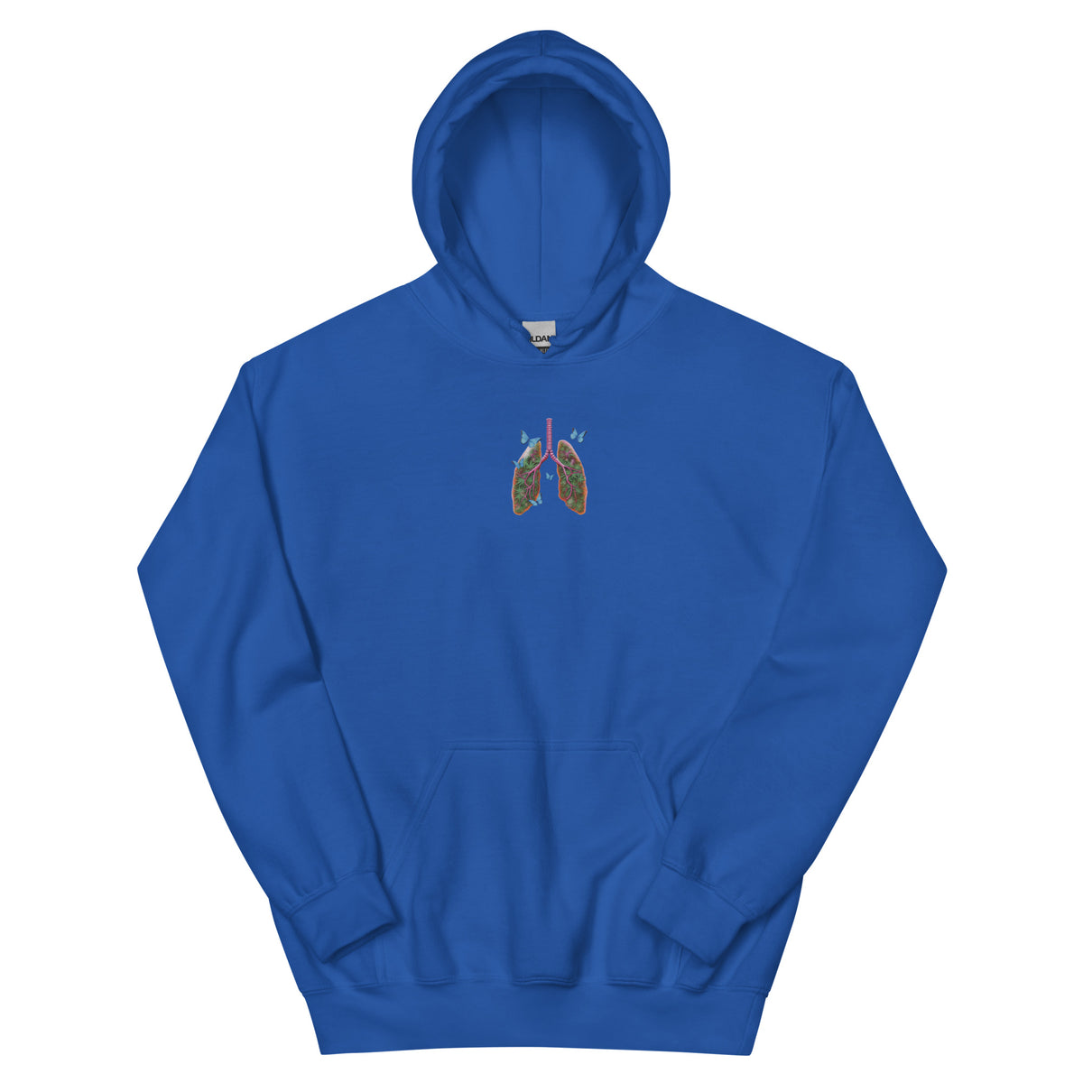 Front product view of the royal blue unisex hoodie with a colorful Butterfly Lungs chest graphic, hood and kangaroo pocket.