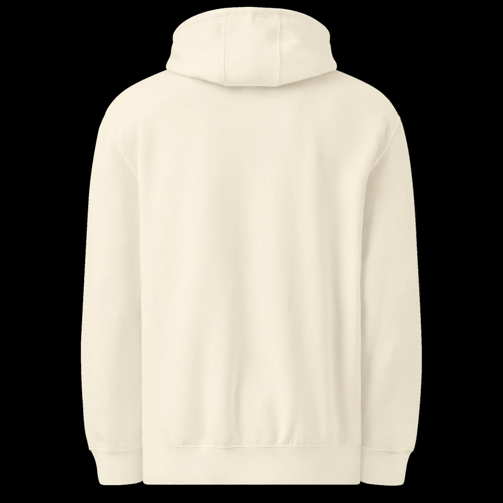 Back view of the sandshell unisex Mandi Cruz Media premium midweight hoodie showing the plain back, hood and ribbed hem.