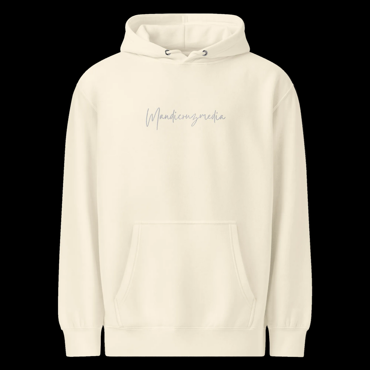 Front view of the sandshell unisex Mandi Cruz Media premium midweight hoodie with subtle grey script logo and kangaroo pocket.
