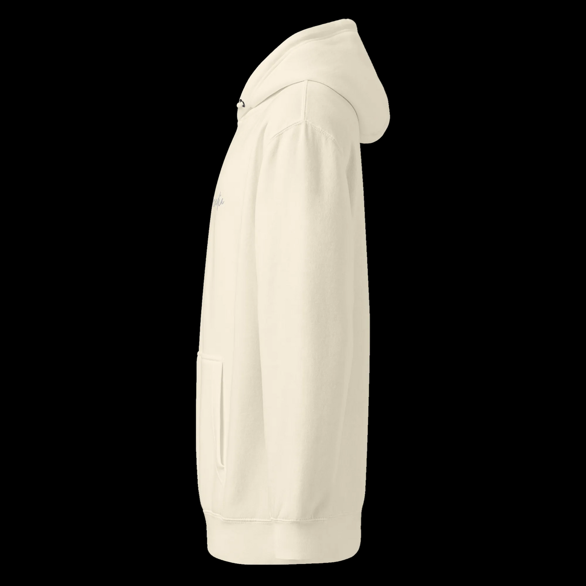 Left-side view of the sandshell unisex hoodie showing its relaxed profile, hood, sleeve, pocket and partial chest logo.