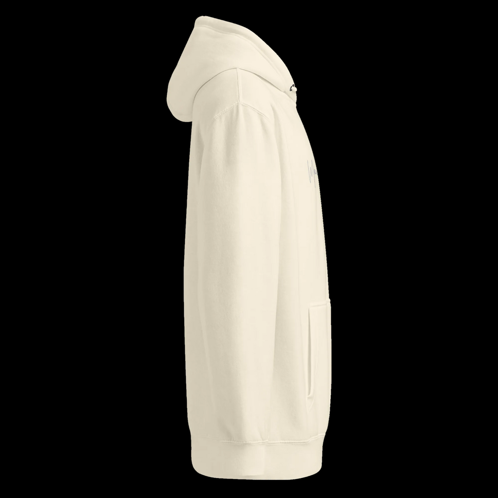 Right-side view of the sandshell unisex hoodie showing its relaxed profile, hood, sleeve, pocket and partial chest logo.