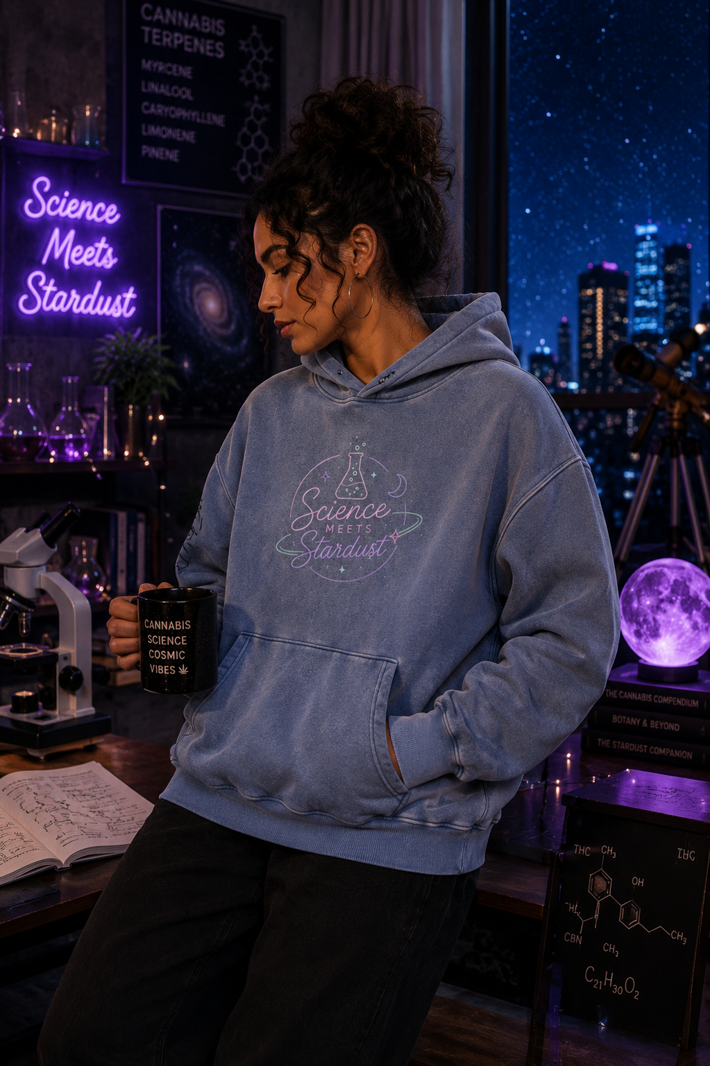 Woman wearing a blue washed Science Meets Stardust hoodie while holding a mug in a celestial cannabis science laboratory overlooking a nighttime city skyline.