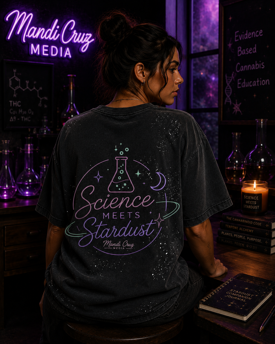Back lifestyle view of a model wearing the black Mandi Cruz Media Science Meets Stardust™ Beaker T-shirt in a cosmic science lab setting.