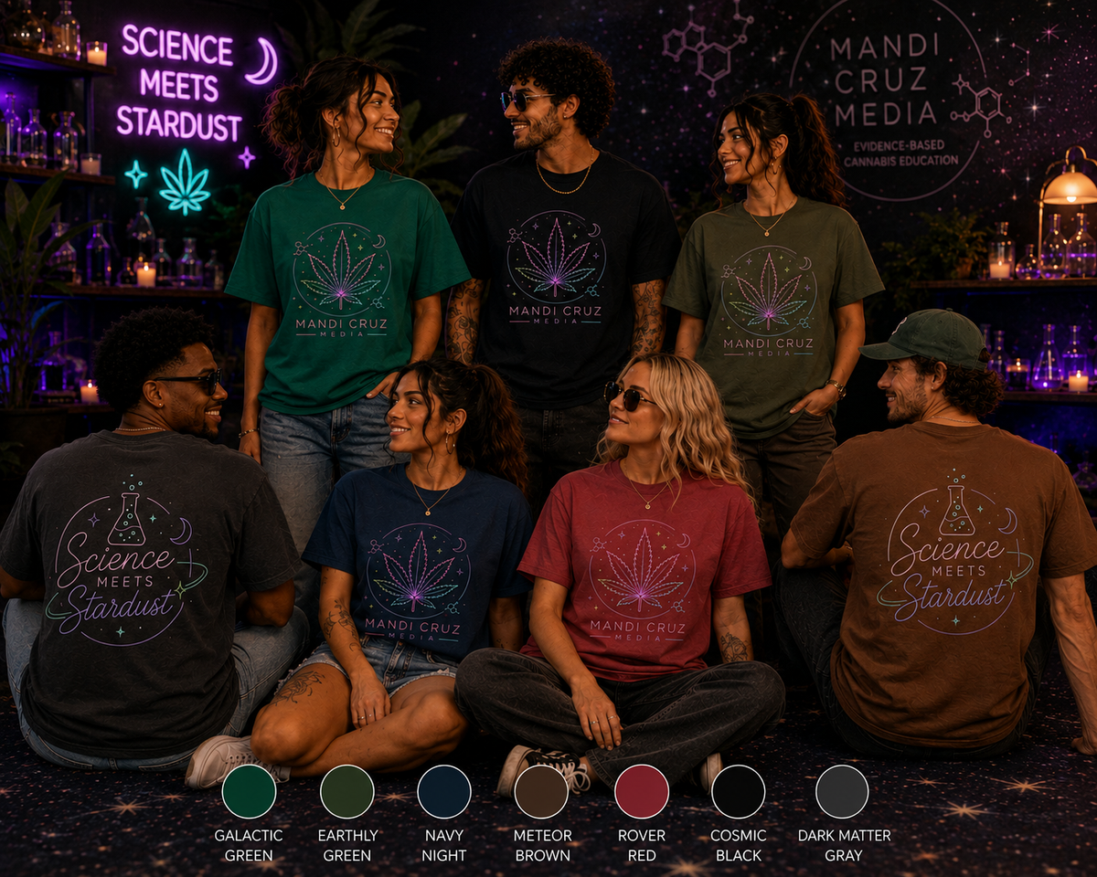 Seven models display front and back views of the Mandi Cruz Media Science Meets Stardust unisex tee in galactic green, earthly green, navy night, meteor brown, rover red, cosmic black and dark matter gray.