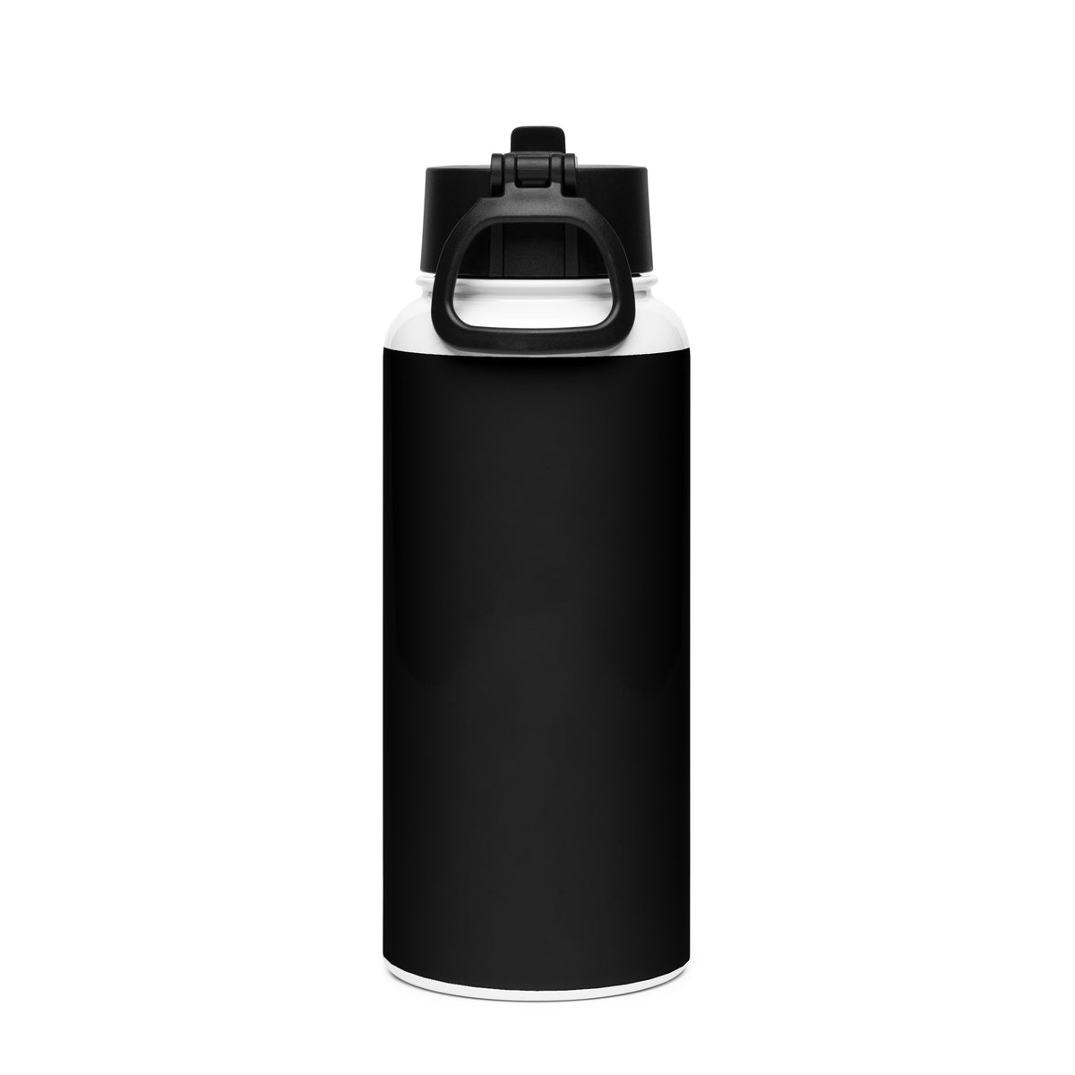 Back view of the black and white 32 oz stainless steel water bottle with black straw lid and carrying handle.