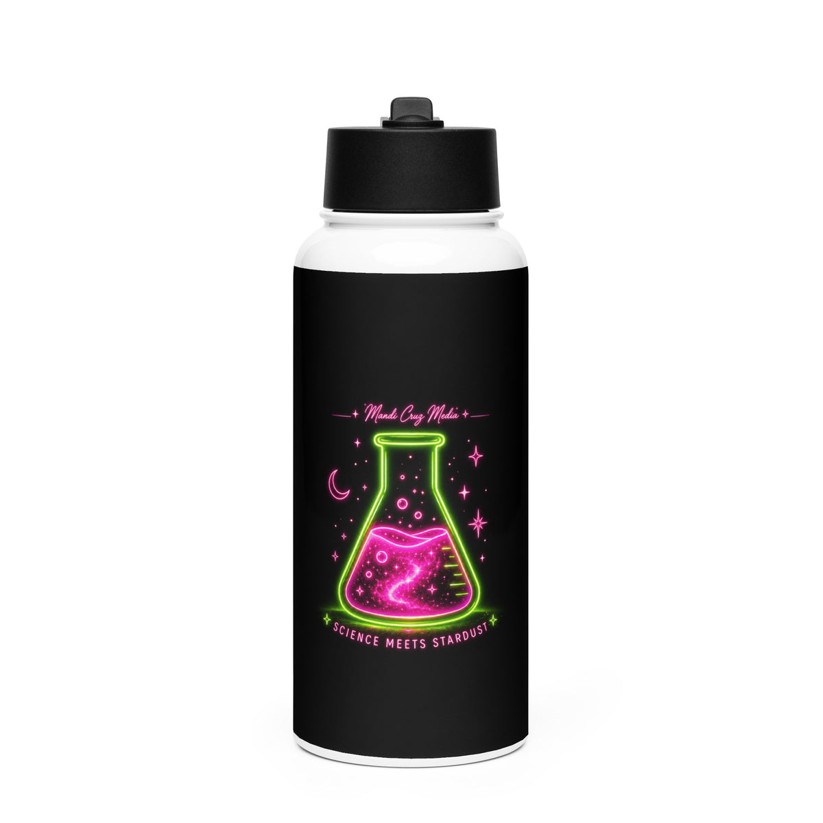 Black Mandi Cruz Media 32 oz stainless steel water bottle with neon Science Meets Stardust beaker design.