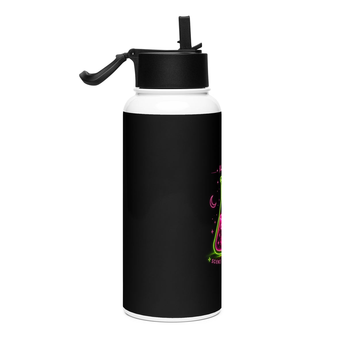 Right-side view of the black and white 32 oz stainless steel water bottle with straw lid and partially visible neon beaker design.