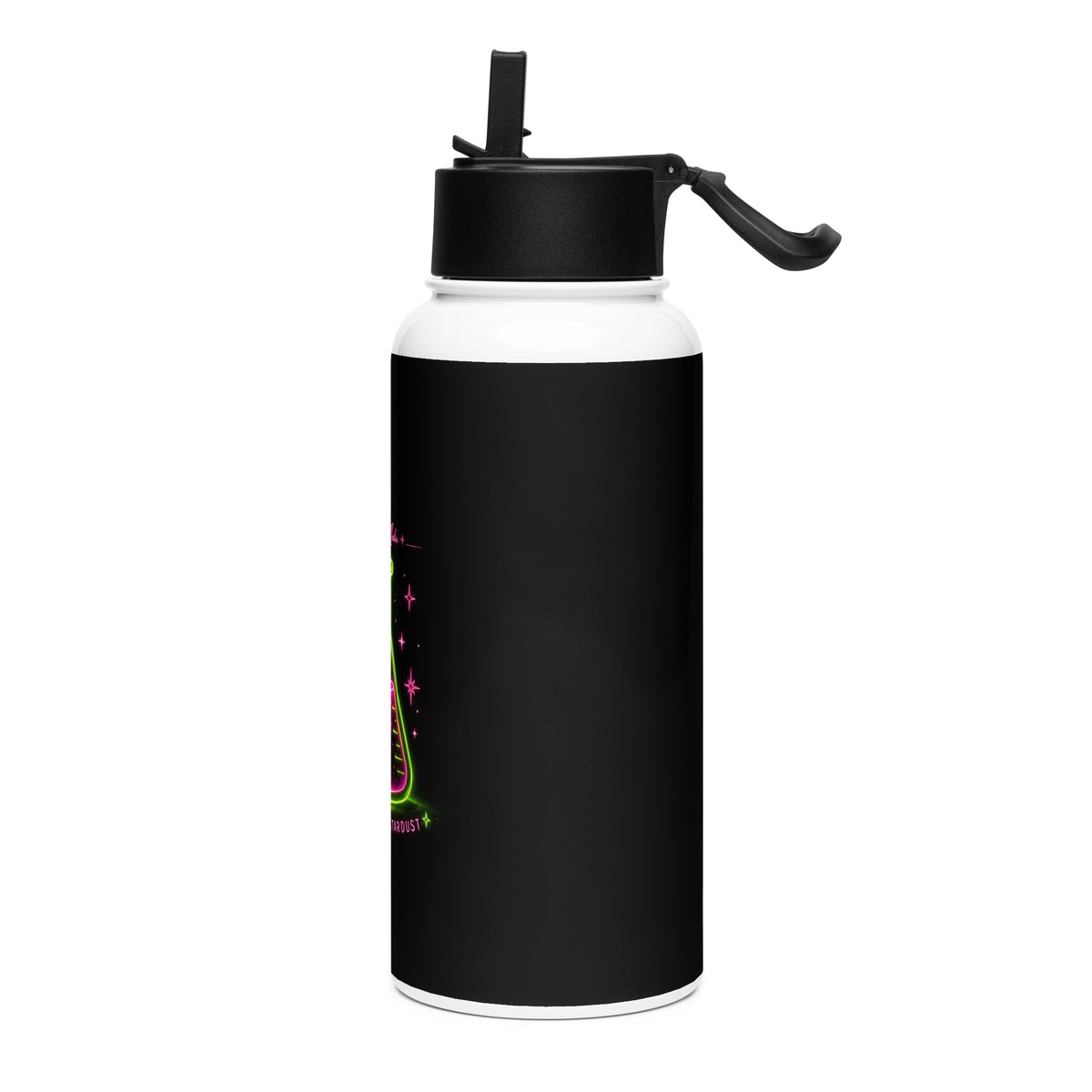 Side view of the black and white 32 oz stainless steel water bottle with straw lid and neon beaker artwork.
