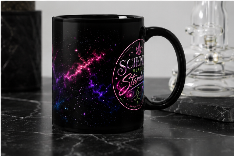 Angled front view of a black Science Meets Stardust coffee mug with pink, purple, and blue galaxy artwork displayed on a black marble table.