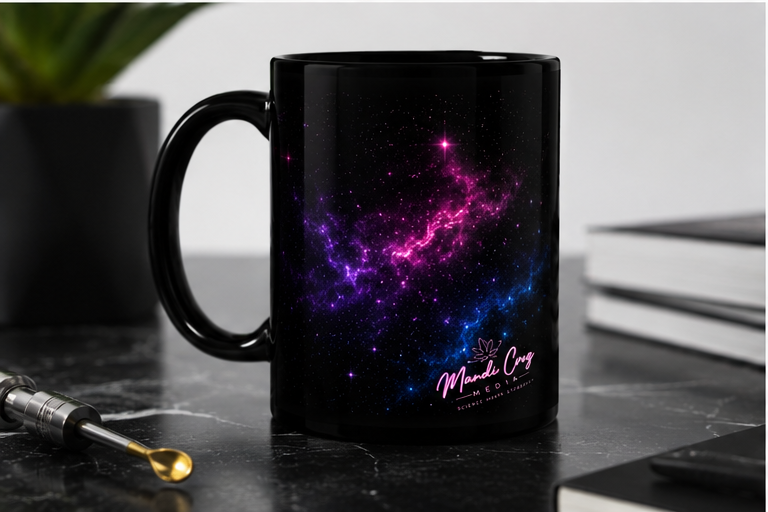 Back view of a black Science Meets Stardust coffee mug featuring pink, purple, and blue galaxy artwork on a black marble table.
