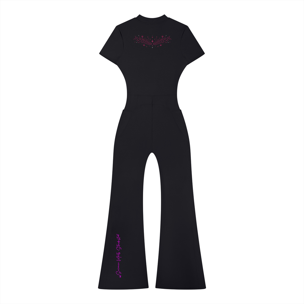 : Back product view of the black flared-leg jumpsuit featuring pink molecular wing artwork across the shoulders and Science Meets Stardust script on one leg.