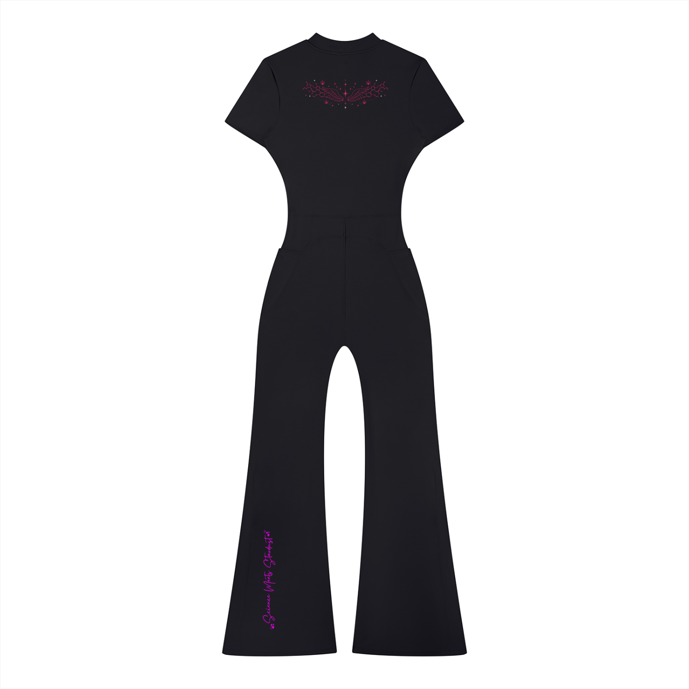 : Back product view of the black flared-leg jumpsuit featuring pink molecular wing artwork across the shoulders and Science Meets Stardust script on one leg.