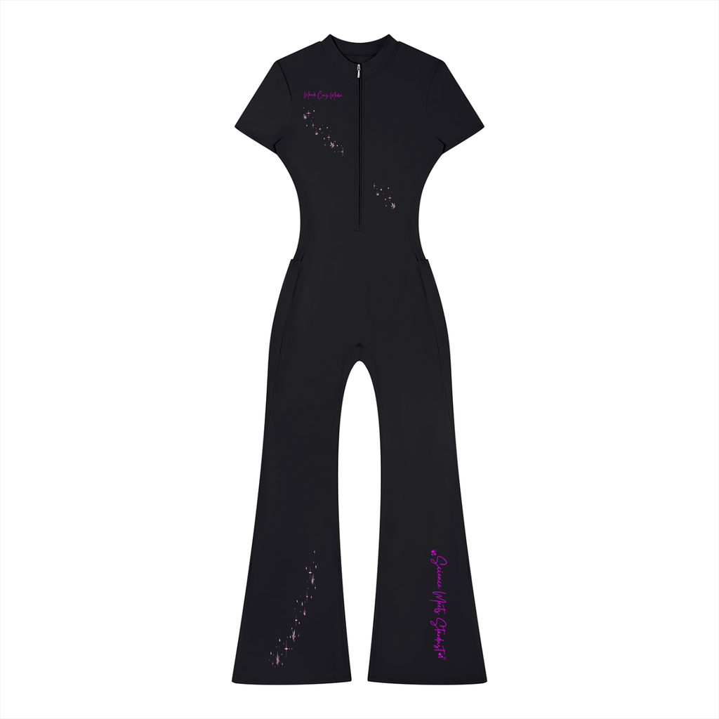 Front product view of the black fitted quarter-zip jumpsuit with short sleeves, pockets, flared legs, and pink Mandi Cruz Media celestial graphics.