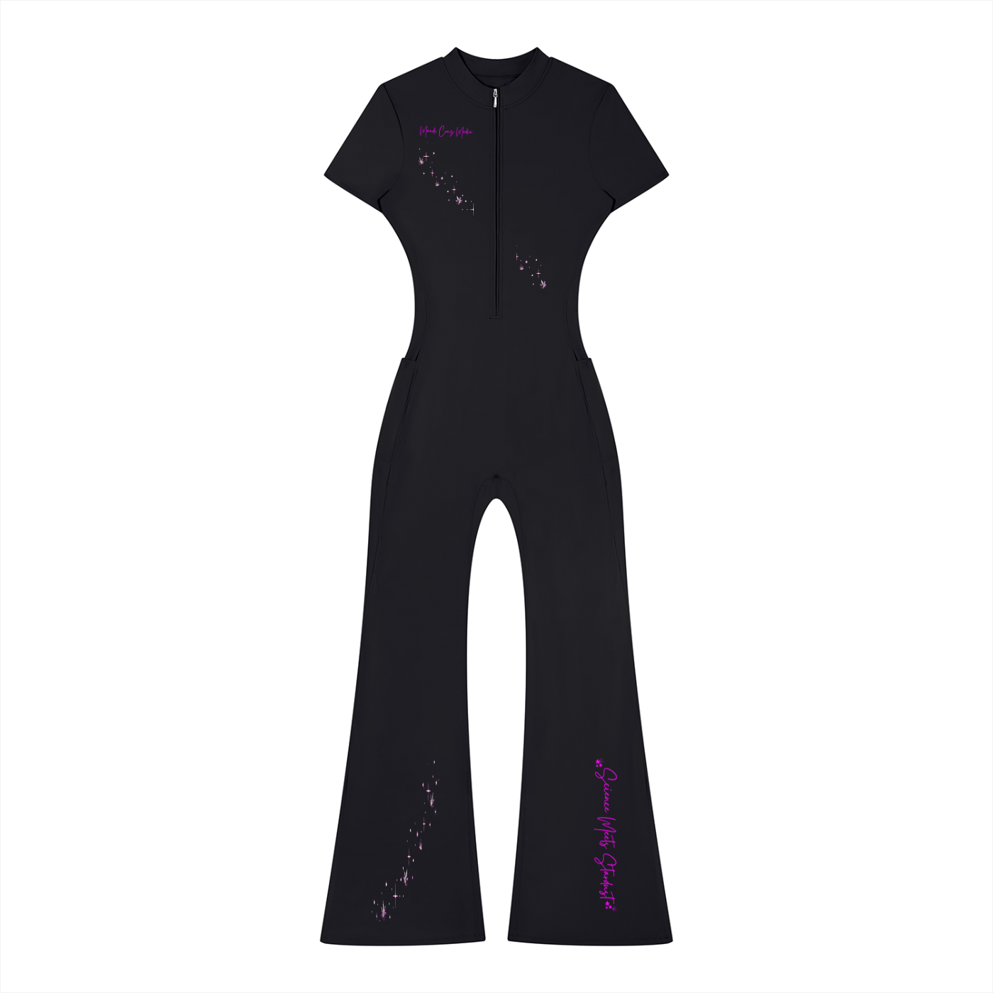Front product view of the black fitted quarter-zip jumpsuit with short sleeves, pockets, flared legs, and pink Mandi Cruz Media celestial graphics.